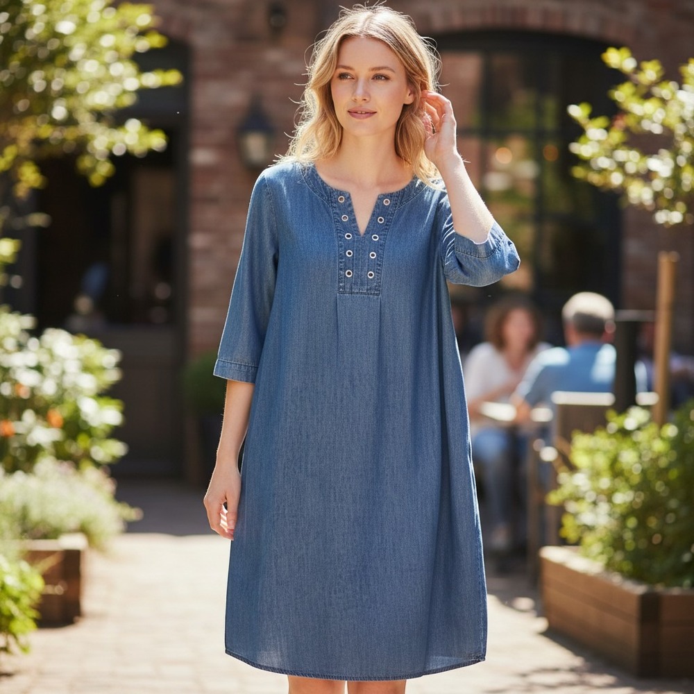 Talbots Shift Dress Blue Denim Grommet Neck 3/4 Sleeve Womens 12W
